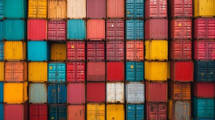 Fototapeta premium Colorful Stacked Cargo Containers in a Logistics Hub Symbolizing Global Trade