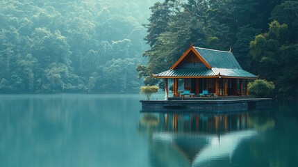 Obraz premium Serene Lakeside Pavilion Nestled Among Lush Green Mountains