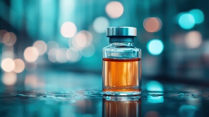 This artistic image presents a glass vial containing amber liquid, accentuated by soft light and reflections, creating an inviting and calming scene that captivates the viewer's attention.