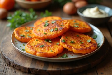 Freshly cooked sweet potato pancakes served on a wooden table with a rustic