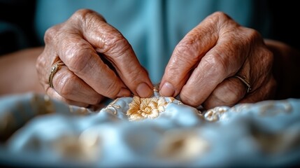 Close-up of hands skillfully working on embroidered fabric, showcasing delicate stitching and floral designs that highlight the artistry and craftsmanship involved in sewing.