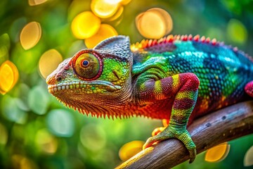 Fototapeta premium Vibrant Chameleon on Branch: Close-Up Macro Photography