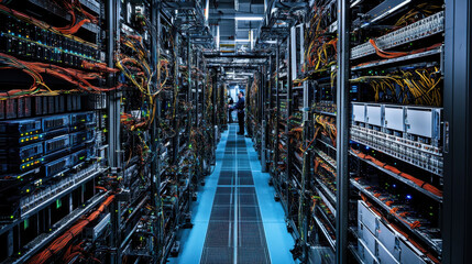 bustling data center filled with servers and engineers collaborating