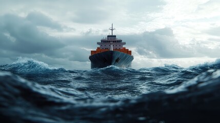Container ship in the sea with beautiful water lines, front view. 