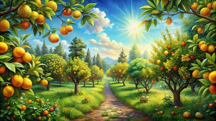 Vibrant Citrus Grove Landscape: Sun-Drenched Orchard with Lush Greenery and Colorful Fruit