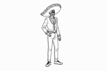 Obraz premium A person dressed in a traditional The Day of the Dead costume stands confidently against a solid background. Their face is painted like a sugar skull, showcasing vibrant colors
