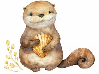 Naklejka premium Clipart of a playful otter with a shell watercolor