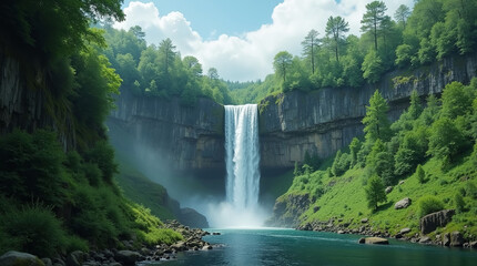 Majestic Waterfall in a Lush Green Valley