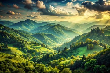 Obraz premium Vintage Green Mountain Scenery: Rolling Hills and Lush Forests