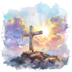 Clipart of a rugged wooden cross at sunrise watercolor