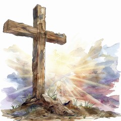 Clipart of a rugged wooden cross at sunrise watercolor