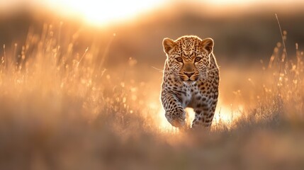 A stunning leopard strides confidently through beautiful golden grasslands at sunset, showcasing its elegant spots in a striking natural setting of wild beauty.