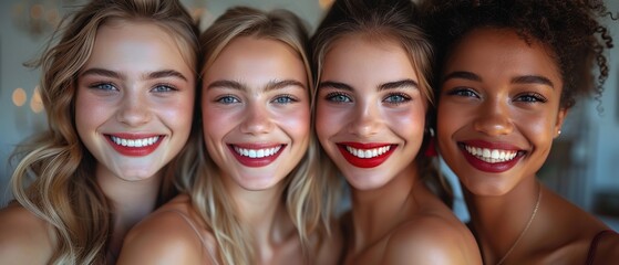 Obraz premium Group of smiling women with red lips