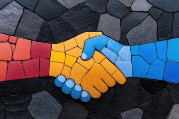 Two hands shaking over a vibrant colorful mosaic background symbolizing agreement and cooperation in business