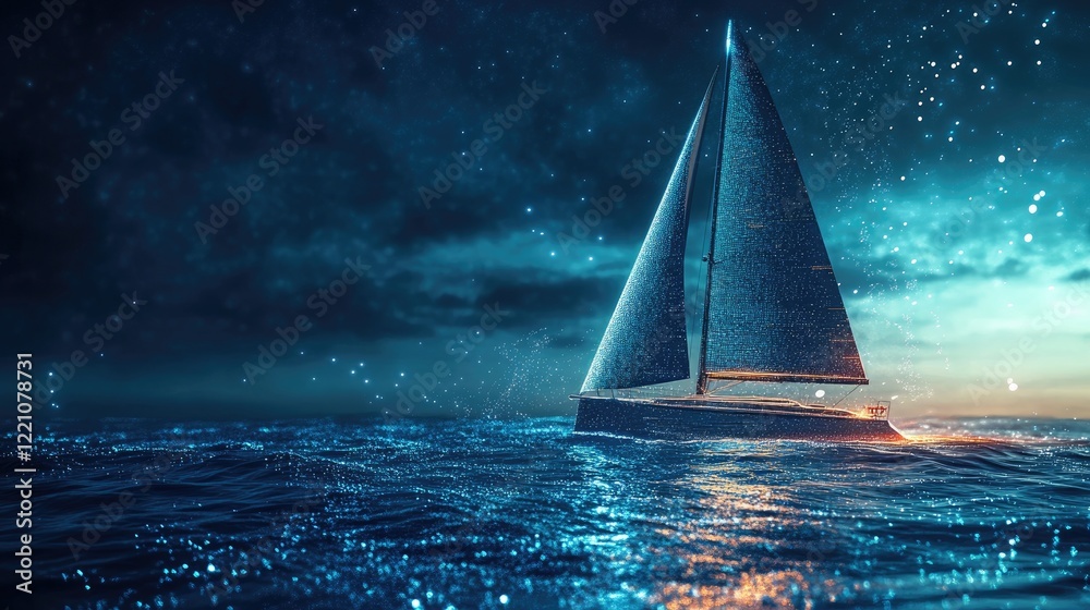 Poster a serene sailboat navigating the open sea, enhanced with digital, futuristic graphics, creating a mo