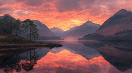 Fototapeta premium Fiery Sunset Reflecting on Calm Mountain Lake