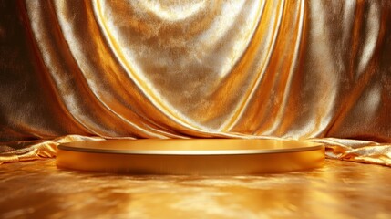 Gold plate resting on luxurious gold fabric draped over a podium for a formal presentation or award ceremony