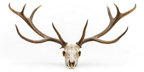 Large antlered deer skull isolated on white background, antler, wild animals
