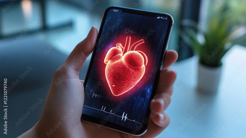 Poster a sleek e-health app on a mobile device, displaying a 3d heart and vital signs to monitor health and