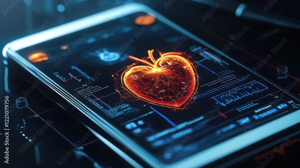Poster a sleek e-health app on a mobile device, displaying a 3d heart and vital signs to monitor health and