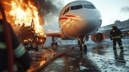 An intense emergency scene with a burning aircraft and firefighters in action, showcasing the urgency and bravery involved in handling aviation incidents effectively.