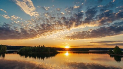 Obraz premium sunset at coast of the lake. Nature landscape. Nature in northern Europe. reflection, blue sky and yellow sunlight. landscape during sunset.
