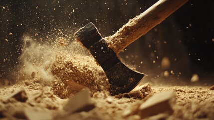 An axe strikes wood creating a dust cloud