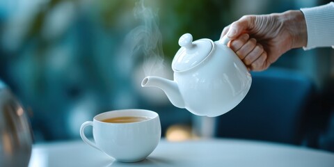A steaming cup of tea being poured from a white teapot in a cozy setting.