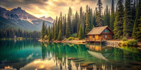 Obraz premium Vintage Photo: Secluded Canadian Lake Cabin, Rustic Serenity