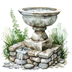 Watercolor clipart of a baptismal font stone design with gentle water