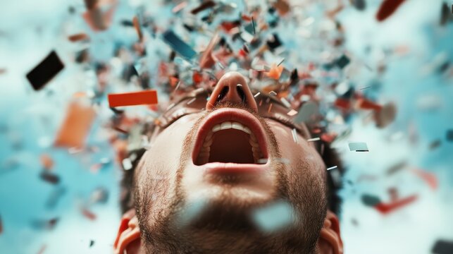 A man throws his head back, shouting as colorful confetti rains down around him, capturing a moment of explosive joy and celebration in an artistic setting.