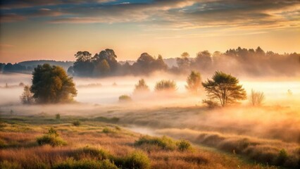 Atmospheric mist rises from the ground, blending with the surrounding landscape in a soft, ethereal manner , fog