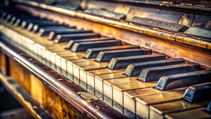 Vintage Piano Keys: Close-up Panoramic of Worn Ivory and Ebony Keys