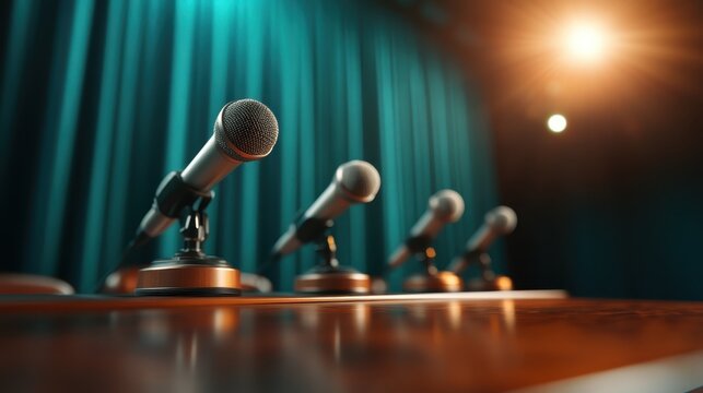 A lineup of microphones sits poised on a stylish table, illuminated by soft stage lights, creating an inviting atmosphere for public speaking and conversation.