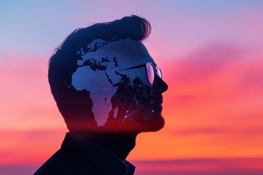 Man with world map on his face symbolizing global awareness and cultural diversity in a unique artistic expression