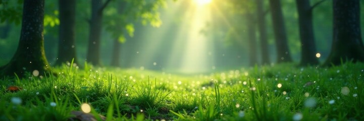 Gentle morning mist rising from forest floor with dew drops sparkling, forest, mist, green