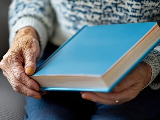 An elderly person holds a blue book, capturing a moment of quiet reading.