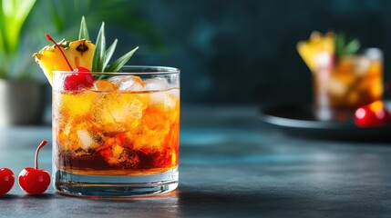 A rich, sophisticated drink served over ice, garnished with cherries, perfect for evening elegance or classy gatherings, showcasing refreshed tastes.
