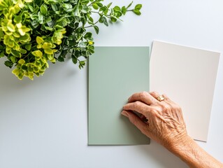 Obraz premium An elegant workspace with green plant and textured card papers.