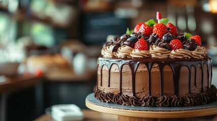 A beautifully crafted chocolate cake topped with fresh strawberries, chocolate swirls, and coffee beans, perfect for dessert lovers and festive celebrations.