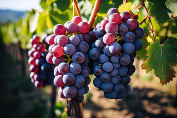Bunch of grapes with some red and blue grapes. The grapes are hanging from a vine. The grapes are ripe and ready to be eaten