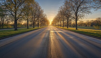 Sunrise Roadway Lined With Trees In Spring