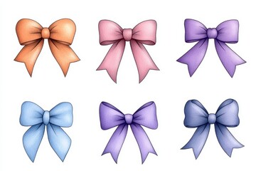 Set of six vibrant colored bows for gift wrapping crafting and decorative purposes in various bright shades