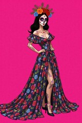 A woman in a stunning floral dress for Day of the Dead poses against a bright pink background. Her face is adorned with intricate sugar skull makeup, highlighting her features