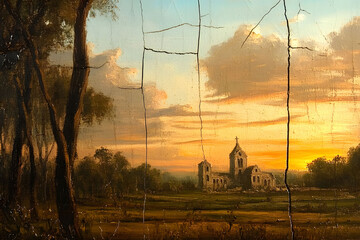 painting of english countryside with church ruins in the background  dramatic lighting and clouds sunset 