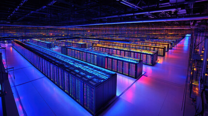 Fototapeta premium wide view of data center with illuminated server racks showcasing technology
