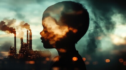 Obraz premium Creepy child face smoke billows industrial scene focus on details copy space intense color contrasts double exposure silhouette with dark industry.