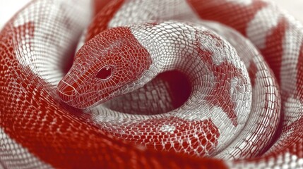 A mesmerizing close-up of a snake showcasing its beautiful patterns and textures, highlighting its unique coloration and intricate details in vivid red and white.
