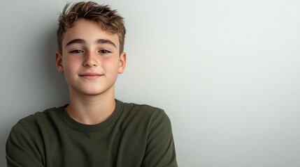 Portrait of a Teen Boy Smiling Against a White Wall