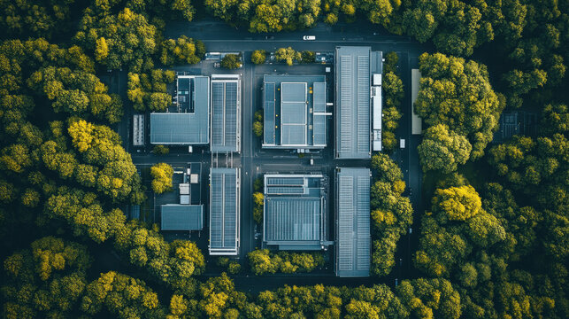 Aerial view of modern data center surrounded by lush greenery